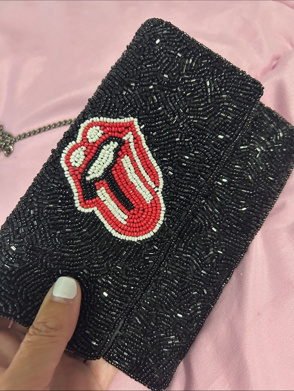 Rolling Stones Black Beaded Crossbody Bag with Red Tongue Patch